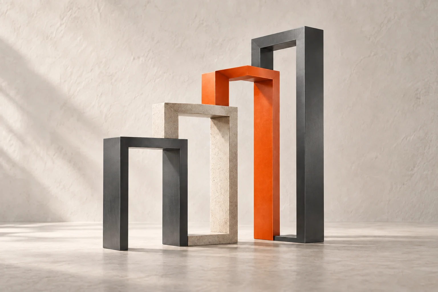 Ilustración original de cuatro estructuras conectadas y ascendentes en piedra, gris y naranja.